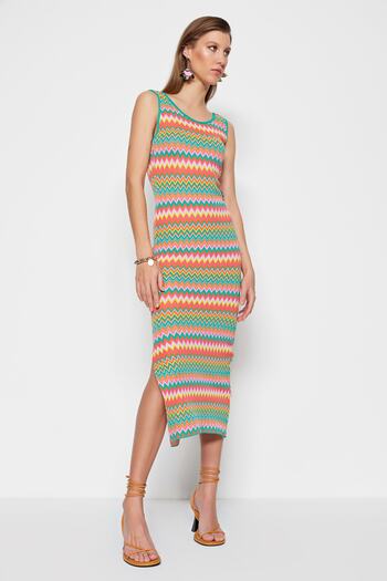 Trendyol Collection Green Maxi Knitwear Color Block Dress TWOSS23EL00678