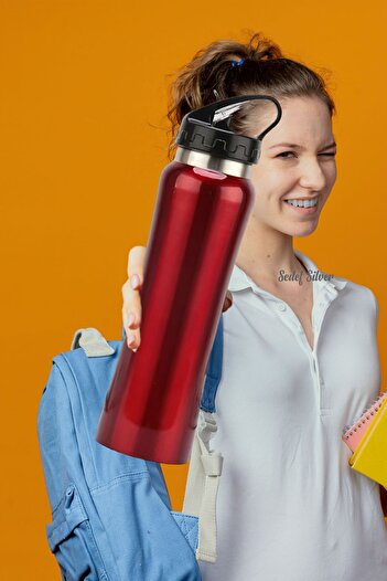 SEDEF SİLVER 500 ml Double Layer Steel Flask with Spout Thermos with Straw