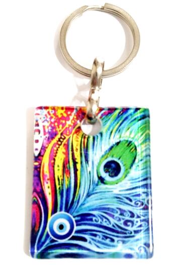 Mixperi Peacock Feather Patterned Fusion Glass Keychain in a Gift Box