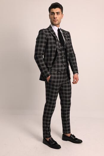 Fc Plus Erkek Siyah Ekose Yelekli  Slim Fit Takım Elbise