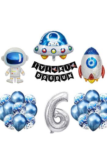 Patladı Gitti Space Concept 6 Year Old Birthday Party Celebration Set; Astronaut, UFO and Spaceship Foil Balloon Set