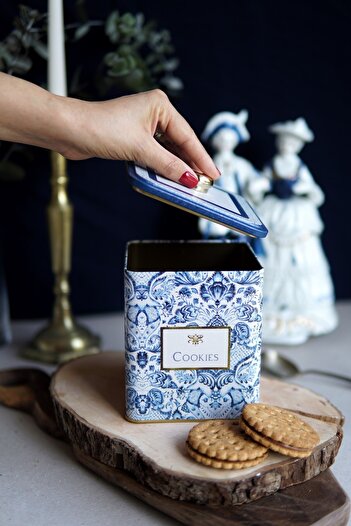 EVLE Er023-2ı Azulejos Cookies Patterned Square Metal Storage Container 12x12 Cm