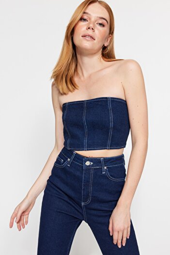Trendyol Collection Темно-синій джинсовий бюст'є без бретелей на блискавці TWOSS23BS00006