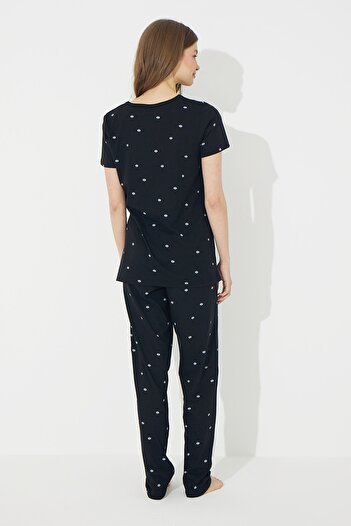 Siyah İnci Siyah Kısa Kollu Pamuklu Pijama Takımı