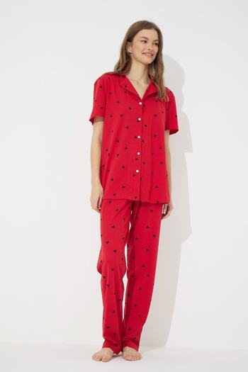 Siyah İnci Red Short Sleeve Cotton Buttoned Pajamas Set