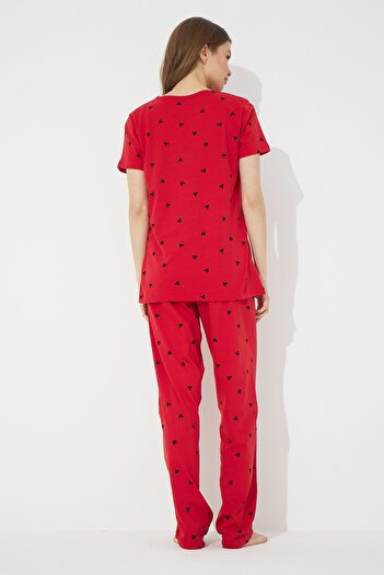 Siyah İnci Kırmızı Kısa Kollu Pamuklu Pijama Takımı