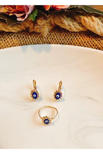 Yeşim Aksesuar Evil Eye Children's Earring and Ring Set, Allergy-Free Children's Ring and Earring Set