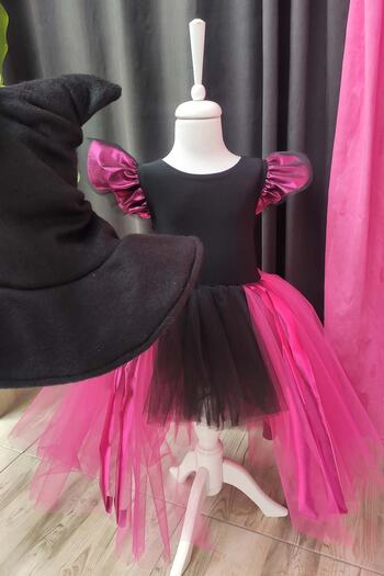 Shecco Babba Fuchsia Black Asymmetrical Girl's Tutu Witch Dress and Hat, Birthday Dress