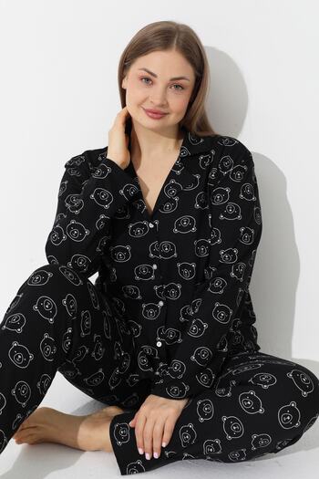 Siyah İnci Black Teddy Bear Patterned Curve Plus Size Oversize Buttoned Cotton Pajama Set