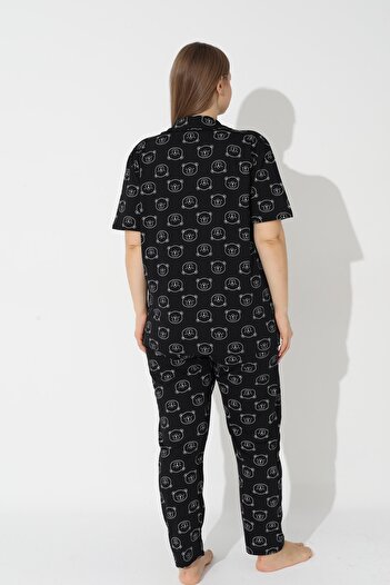 Siyah İnci Siyah Ayıcık Desenli Curve Büyük Beden Battal Boy Kısa Kollu Düğmeli Pamuklu Pijama Takımı