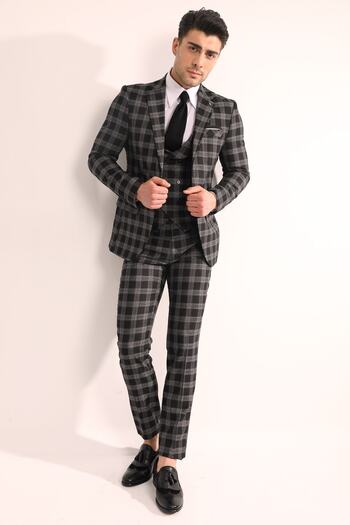 Fc Plus Erkek Siyah Ekose Yelekli  Slim Fit Takım Elbise