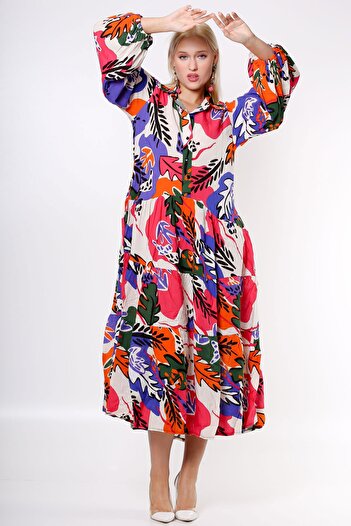 Chiccy Purple Shirt Collar Balloon Sleeve Patterned Buttoned Allover Printed Woven Dress