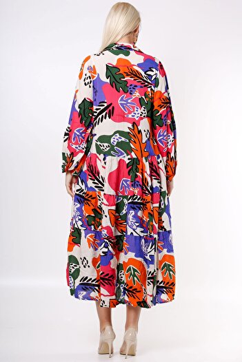 Chiccy Purple Shirt Collar Balloon Sleeve Patterned Buttoned Allover Printed Woven Dress