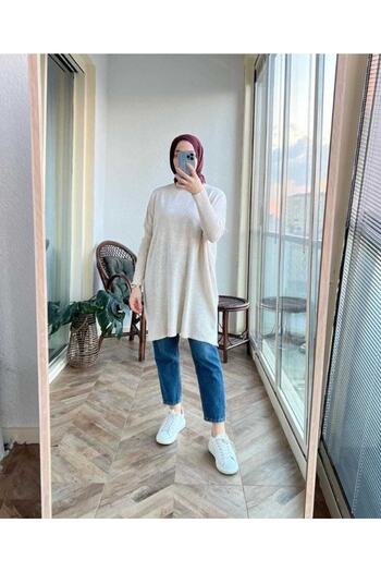 MODAMÜNASİP Women's Blue Half Turtleneck Knitwear Poncho Sweater Tunic