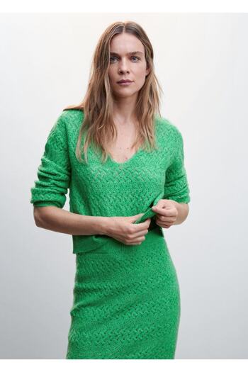 MANGO Woman Green Midi Openwork Knit Sweater