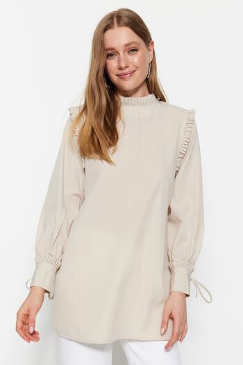 Trendyol Modest Πέτρινος χιτώνας ώμου και μανσέτας υφασμένο βαμβακερό χιτώνα TCTSS23UK00083