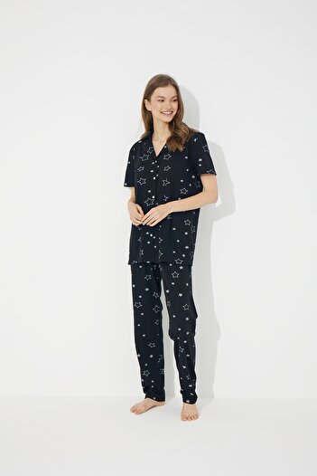 Siyah İnci Siyah Yıldız Desen Kısa Kollu Pamuklu Düğmeli Pijama Takımı