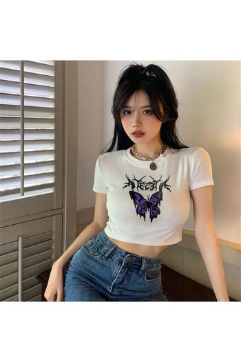 Touz zolid wear - Gothic White Crop Top, Purple Butterfly Printed