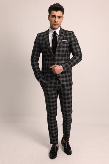 Fc Plus Erkek Siyah Ekose Yelekli  Slim Fit Takım Elbise
