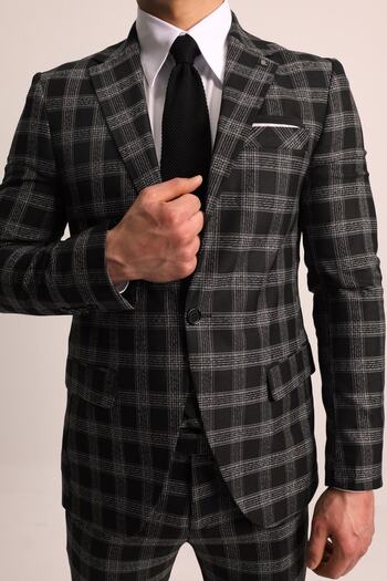 Fc Plus Erkek Siyah Ekose Yelekli  Slim Fit Takım Elbise
