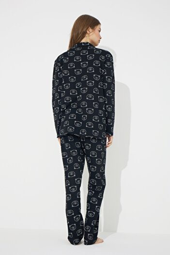 Siyah İnci Siyah Pamuklu Düğmeli Pijama Takımı