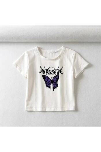 Touz zolid wear - Gothic White Crop Top, Purple Butterfly Printed