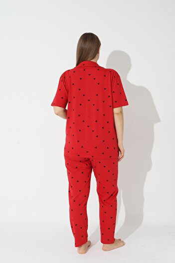 Siyah İnci Kırmızı Curve Büyük Beden Battal Boy Kısa Kollu Düğmeli Pamuklu Pijama Takımı