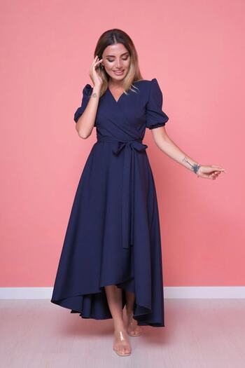 lovebox Women's Flexible Atlas Fabric Belted Asymmetrical Cut Midi Length Double Breasted Collar Navy Blue Flared Dress 410