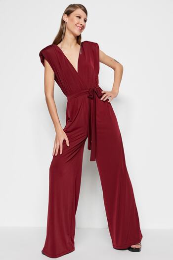 Trendyol Collection Burgundy Belted Knitted Jumpsuit TPRSS23TU00029