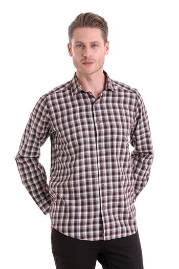 Hatemoğlu Claret Red Classic Fit Checkered Slim Collar Long Sleeve Casual Flannel Shirt
