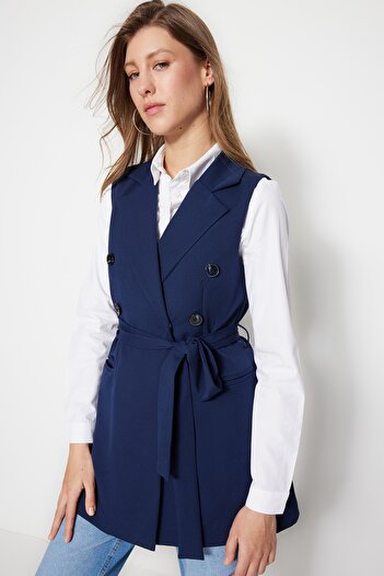 Trendyol Modest Navy Blue Waist Tie Detailed Woven Lined Vest TCTSS23YL00029