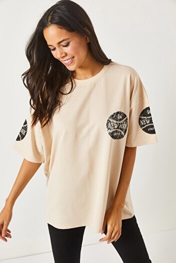 Olalook Newyork Beige Přední strana Zadní Potištěné 2vláknové Unisex oversize tričko TSH-19000696
