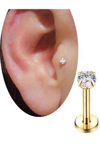 Arescollection Cerrahi Çelik Gold Renk Tek Taş Tragus Helix Kıkırdak Piercingi