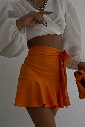 lovebox Women's Orange Belted Pleated Skirt 5357