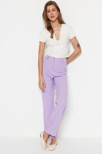 Trendyol Collection Lilac Straight High Waist Ribbed Stitched Woven Trousers TWOSS21PL0093