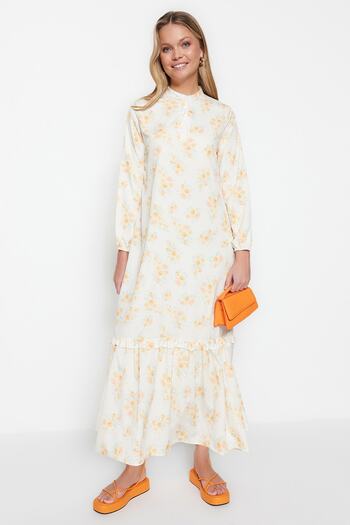 Trendyol Modest Oranžová květinová polovina sukně Tkané šaty s volánkovou podšívkou TCTSS21EL3353