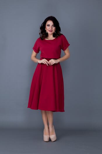 lovebox Women's Flexible Atlas Fabric Elastic Waist Pocket Detailed Round Collar Burgundy Flared Midi Dress 222
