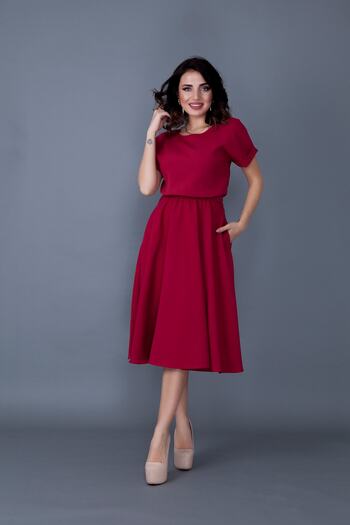 lovebox Women's Flexible Atlas Fabric Elastic Waist Pocket Detailed Round Collar Burgundy Flared Midi Dress 222