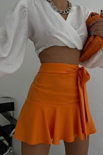 lovebox Women's Orange Belted Pleated Skirt 5357