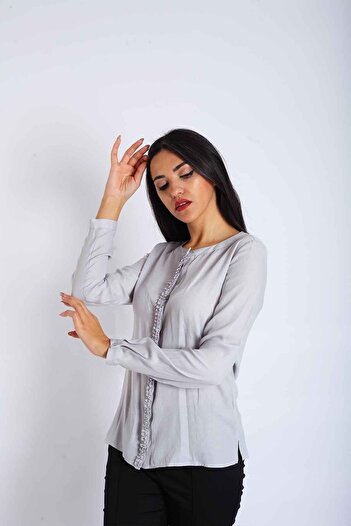 Blues Outlet Women's Frilled Front Shirt Blouse-grey