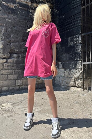 Madmext Różowy damski T-shirt oversize z okrągłym dekoltem i nadrukiem