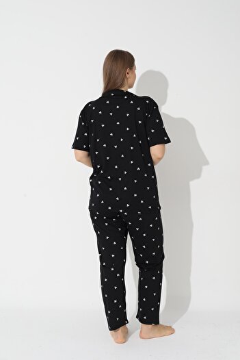 Siyah İnci Siyah Kalp Desenli Curve Büyük Beden Battal Boy Kısa Kollu Düğmeli Pamuklu Pijama Takımı