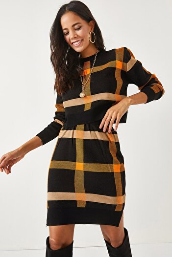 Olalook Black Top Crop Sweater Bottom Slit Skirt Set TKM-19000184