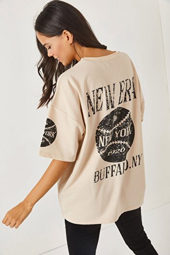 Olalook Newyork Beige Přední strana Zadní Potištěné 2vláknové Unisex oversize tričko TSH-19000696