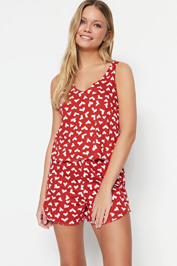 Trendyol Collection Hearted Red Cotton Shorts Pajama Set - Thmss23Pt00199