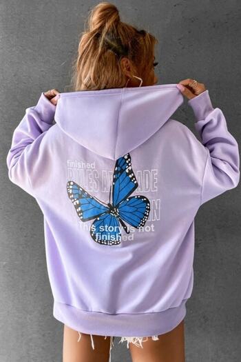 MODAGEN Women's Lilac Finished Butterfly Printed Hooded Oversize Sweatshirt