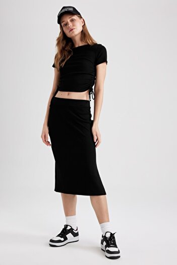 DeFacto Slim Fit Basic Yırtmaçlı Fitilli Kaşkorse Midi Etek