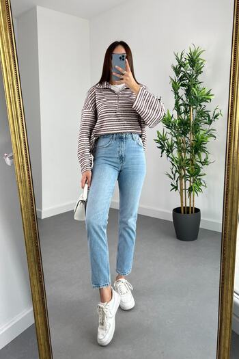 MAKRAS EXCLUSIVE Kadın Açık Mavi Asit Kar Yıkama Süper Yüksek Bel Comfort Likralı Mom Kot Pantalon Jeans