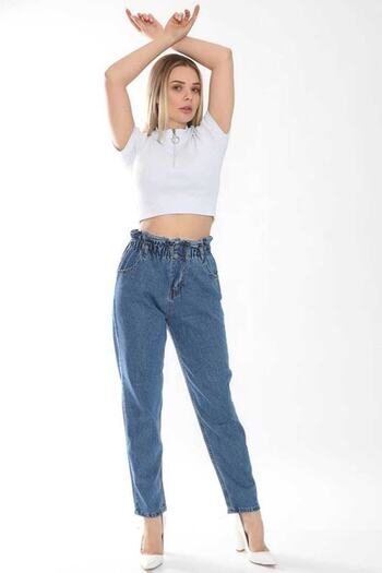 MAKRAS EXCLUSIVE Sara Kadın Mavi Beli Lastikli Boyfriend Kot Pantolon Beli Büzgülü Mom Jean