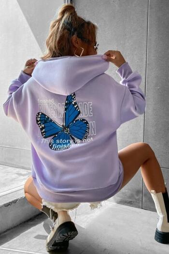 MODAGEN Women's Lilac Finished Butterfly Printed Hooded Oversize Sweatshirt